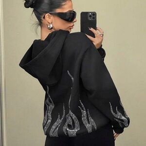 SHEIN Black Hoodie with Sparkling Flame Accents